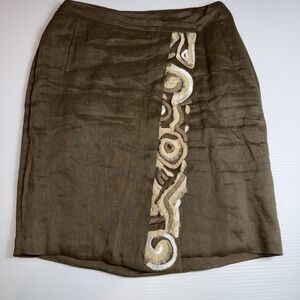 Piazza Sempione Women Green Tan Linen Blend Skirt 42 US 6 Made In Italy